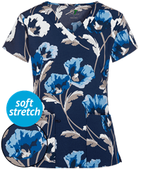Green Town Blue Field Flowers Women's 3-Pocket V-Neck Print Scrub Top