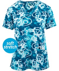Green Town Blue Tie Dye Stars Women's 3-Pocket V-Neck Print Scrub Top