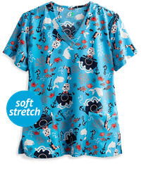 Green Town Cats Ahoy Women's 3-Pocket V-Neck STRETCH Print Scrub Top 