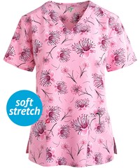 Green Town Dandelion Floral Women's 3-Pocket STRETCH V-Neck Print Scrub Top 