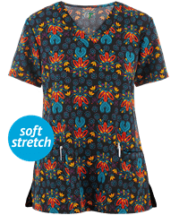 Green Town Ethnic Floral Women's 3-Pocket V-Neck Print Scrub Top