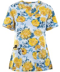 Green Town Fashion Floral Women's 3-Pocket V-Neck Print Scrub Top