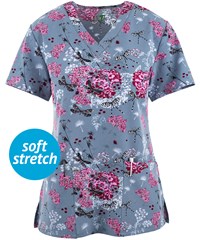 Green Town Fairy Floral Women's 3-Pocket V-Neck Print Scrub Top
