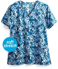 Green Town Forever Flowers Women's 3-Pocket V-Neck STRETCH Print Scrub Top