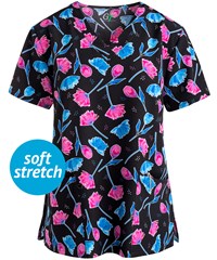 Green Town Forever Tulips Women's 3-Pocket STRETCH V-Neck Print Scrub Top 