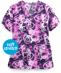 Green Town Heart Tie Dye Women's 3-Pocket V-Neck STRETCH Print Scrub Top