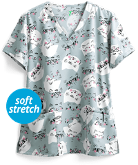 Green Town Meowy Cute Women's 3-Pocket V-Neck STRETCH Print Scrub Top