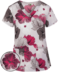 Green Town Pink Lined Floral Women's 3-Pocket V-Neck Print Scrub Top