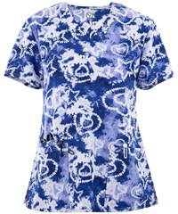Green Town Tie Dye Stars and Hearts Women's 3-Pocket V-Neck Print Scrub Top