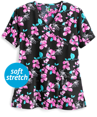 Green Town Abstract Honey Suckle Women's 3-Pocket Mock Wrap Print Scrub Top