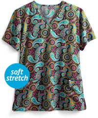 Green Town Ethnic Paisley Women's 3-Pocket Mock Wrap Print Scrub Top