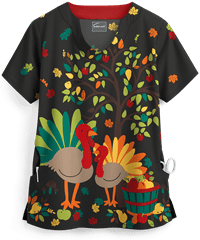 Butter-Soft Forest Turkeys Black Printed Women's 2-Pocket Scallop Neck Scrub Top