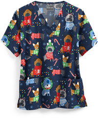 UA Cuddly Pups Navy Women's 2-Pocket V-Neck Print Scrub Top