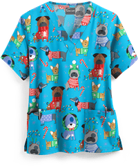 UA Cuddly Pups Turquoise Women's 2-Pocket V-Neck Print Scrub Top