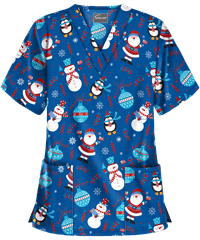 Butter-Soft Holiday Friends Royal Women's 2-Pocket V-Neck Print Scrub Top