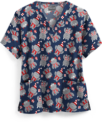 UA Holiday Monsters Navy Women's 2-Pocket V-Neck Print Scrub Top
