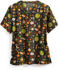 Butter-Soft Harvest Party Women's 2-Pocket V-Neck Print Scrub Top