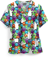 Butter-Soft Party Ghouls Women's 2-Pocket V-Neck Print Scrub Top