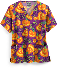 Butter-Soft Smiling Jack-o'-lanterns Berry Burst Women's 2-Pocket V-Neck Print Scrub Top