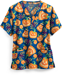 Butter-Soft Smiling Jack-o'-lanterns Royal Women's 2-Pocket V-Neck Print Scrub Top