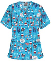 UA Red, White, and Cool Turquoise Women's 2-Pocket V-Neck Print Scrub Top