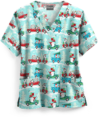 UA Traveling with Santa Aqua Moon Women's 2-Pocket V-Neck Print Scrub Top