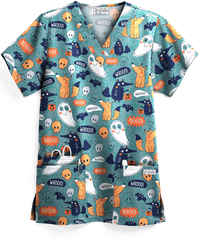 UA Booo Halloween Turquoise Women's 3-Pocket V-Neck Print Scrub Top