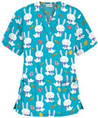 UA Best Buy Scrubs Easter Egg Hunt Turquoise Women's 3-Pocket V-Neck Print Top