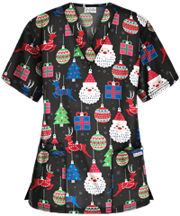 UA Best Buy Scrubs Holiday Ornaments Black Printed Women's 3-Pocket V-Neck Top