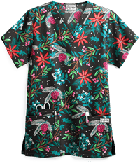 UA Poinsettia Garden Black Printed Women's 3-Pocket V-Neck Scrub Top