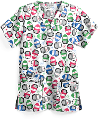 UA Winter Penguins White Printed Women's 3-Pocket V-Neck Scrub Top