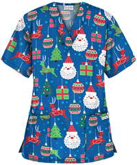 UA Best Buy Scrubs Holiday Ornaments Royal Women's 3-Pocket V-Neck Print Top