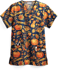 UA Rustic Thanksgiving Navy Women's 3-Pocket V-Neck Print Scrub Top