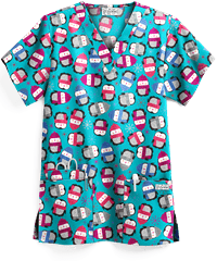 UA Winter Penguins Turquoise Women 3-Pocket V-Neck Print Scrub Top