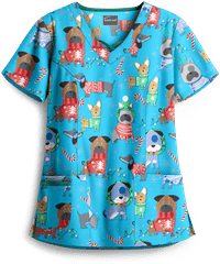 Butter-Soft Cuddly Pups Turquoise Women's 3-Pocket Criss Cross Print Scrub Top