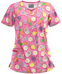 Butter-Soft Easter Cookies Ballet Pink Women's 3-Pocket Criss Cross Print Scrub Top