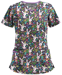 Butter-Soft Easter Hunt Pewter Women's 3-Pocket Criss Cross Print Scrub Top