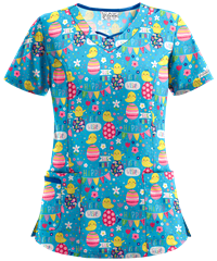 lUA Easter Wishes Turquoise Criss Cross Print Scrub Top