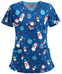 Butter-Soft Holiday Friends Royal Women's 3-Pocket Criss Cross Print Scrub Top