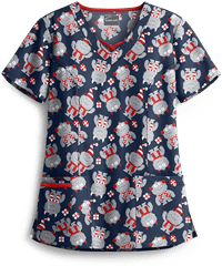 Butter-Soft Holiday Monsters Navy Women's 3-Pocket Criss Cross Print Scrub Top