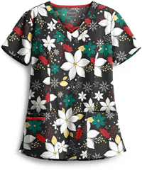 Butter-Soft Holiday Poinsettia Black Printed Women's 3-Pocket Criss Cross Scrub Top