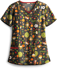 Butter-Soft Harvest Party Black Printed Women's 3-Pocket Criss Cross Scrub Top