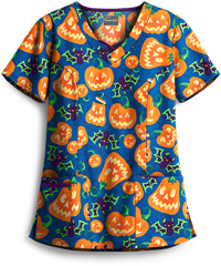 Butter-Soft Smiling Jack-o'-lanterns Royal Women's 3-Pocket Criss Cross Print Scrub Top