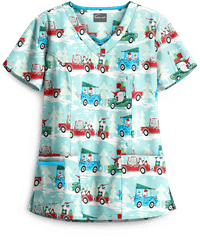 Butter-Soft Traveling with Santa Aqua Moon Women's 3-Pocket Criss Cross Print Scrub Top