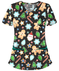 Butter-Soft Winter Cookies Black Printed Women's 5-Pocket Rounded V-Neck Scrub Top