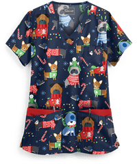 Butter-Soft Cuddly Pups Navy Women's 5-Pocket Rounded V-Neck Print Scrub Top