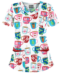 Butter-Soft Holiday Mugs White Printed Women's 5-Pocket Rounded V-Neck Scrub Top