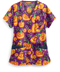 Butter-Soft Smiling Jack-o'-lanterns Berry Burst Women's 5-Pocket Rounded V-Neck Print Scrub Top