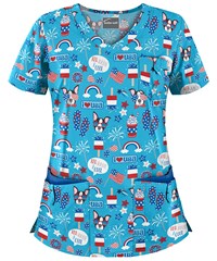 Butter-Soft Red, White, and Cool Turquoise Women's 5-Pocket Rounded V-Neck Print Scrub Top