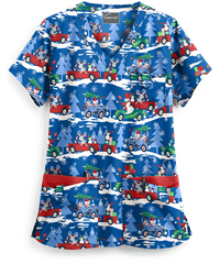 Butter-Soft Traveling with Santa Royal Women's 5-Pocket Rounded V-Neck Print Scrub Top